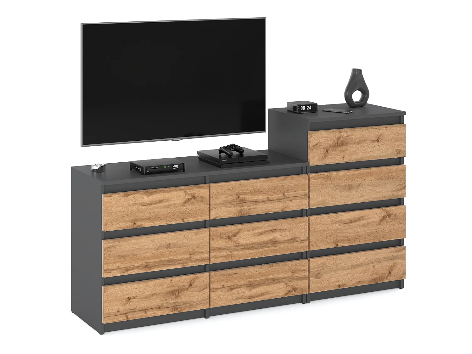 Grande commode avec  10 tiroirs Gris+ Chêne Wotan 160 cm – meuble TV, buffet, armoire pour salon