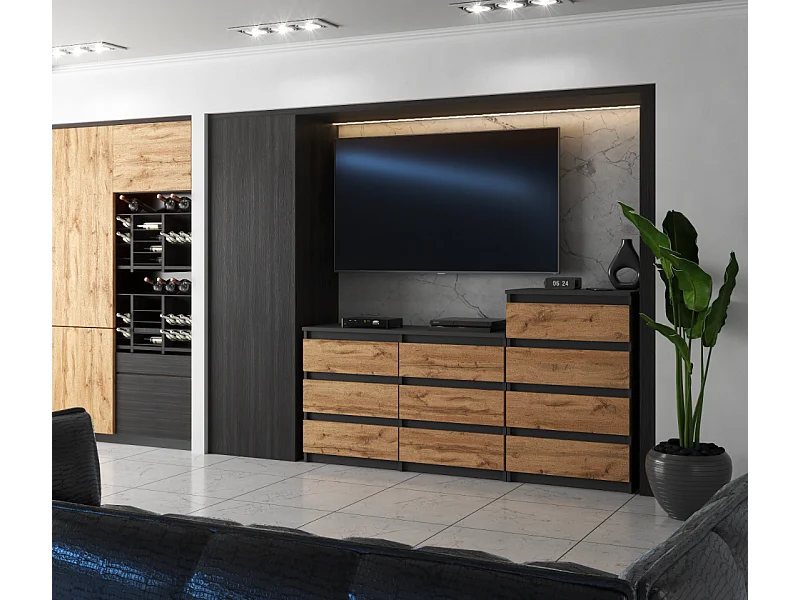 Grande commode avec  10 tiroirs Gris+ Chêne Wotan 160 cm – meuble TV, buffet, armoire pour salon