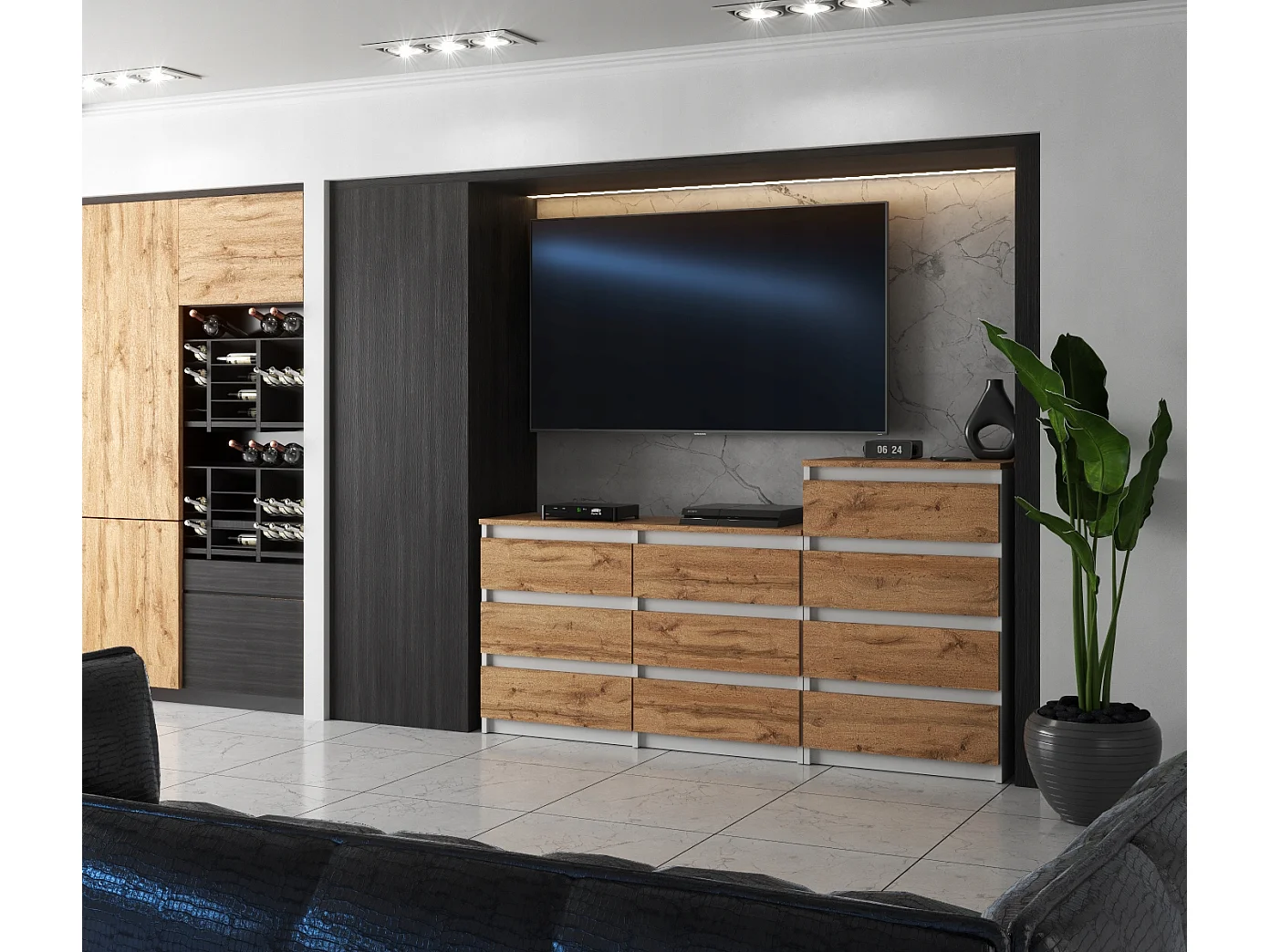 Grande commode avec  10 tiroirs  Blanc + Chêne Wotan 160 cm – meuble TV, buffet, armoire pour salon