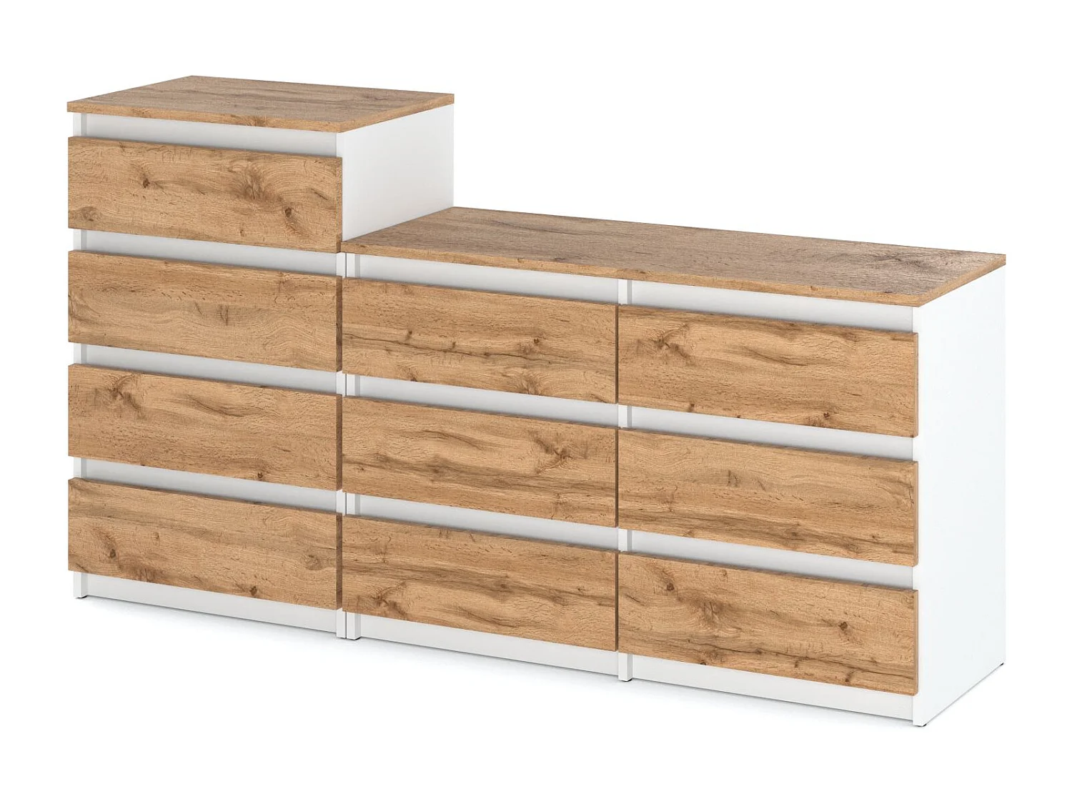 Grande commode avec  10 tiroirs  Blanc + Chêne Wotan 160 cm – meuble TV, buffet, armoire pour salon