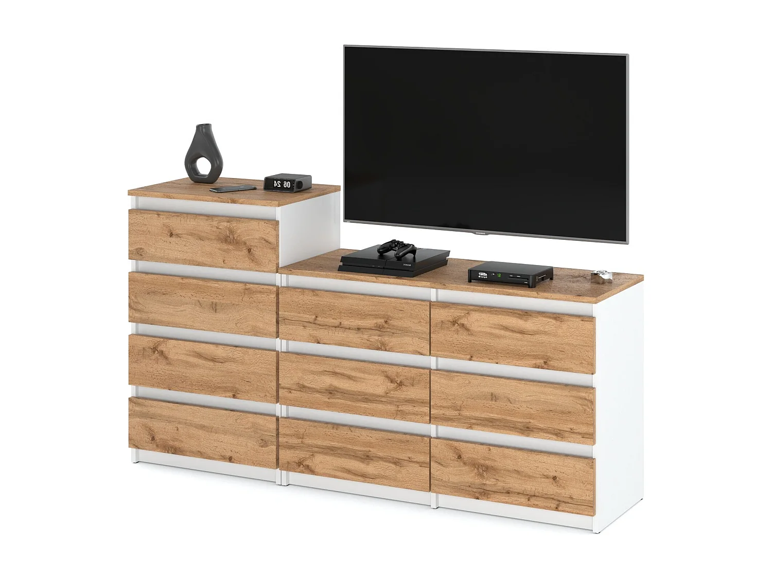Grande commode avec  10 tiroirs  Blanc + Chêne Wotan 160 cm – meuble TV, buffet, armoire pour salon