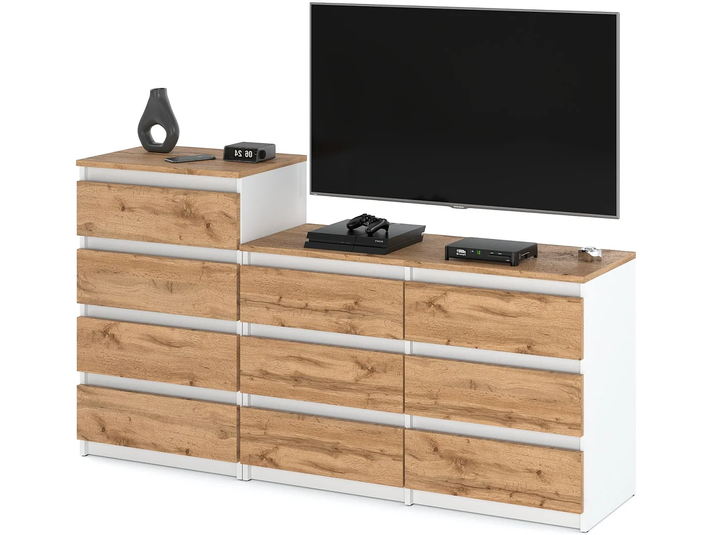 Grande commode avec  10 tiroirs  Blanc + Chêne Wotan 160 cm – meuble TV, buffet, armoire pour salon