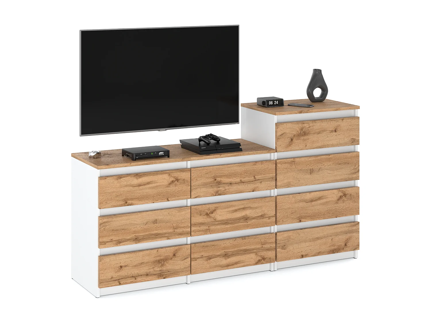 Grande commode avec  10 tiroirs  Blanc + Chêne Wotan 160 cm – meuble TV, buffet, armoire pour salon