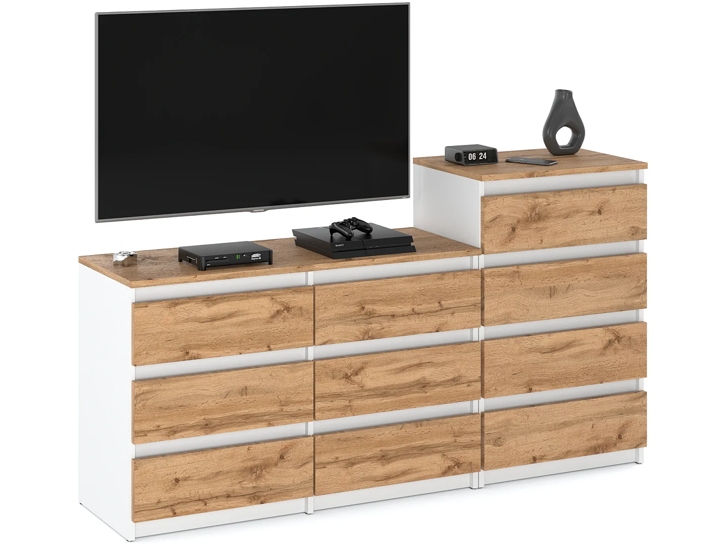 Grande commode avec  10 tiroirs  Blanc + Chêne Wotan 160 cm – meuble TV, buffet, armoire pour salon
