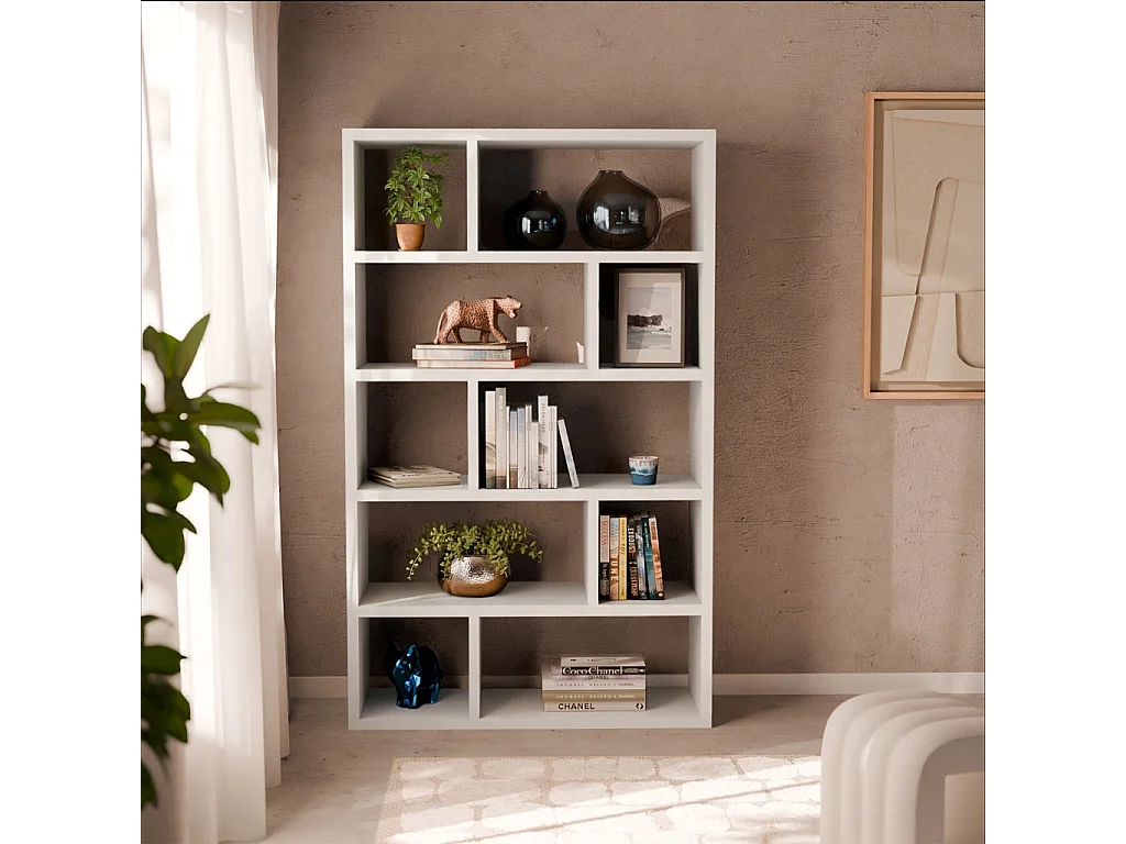 Libreria asimmetrica a 5 livelli con 10 scomparti, bianco