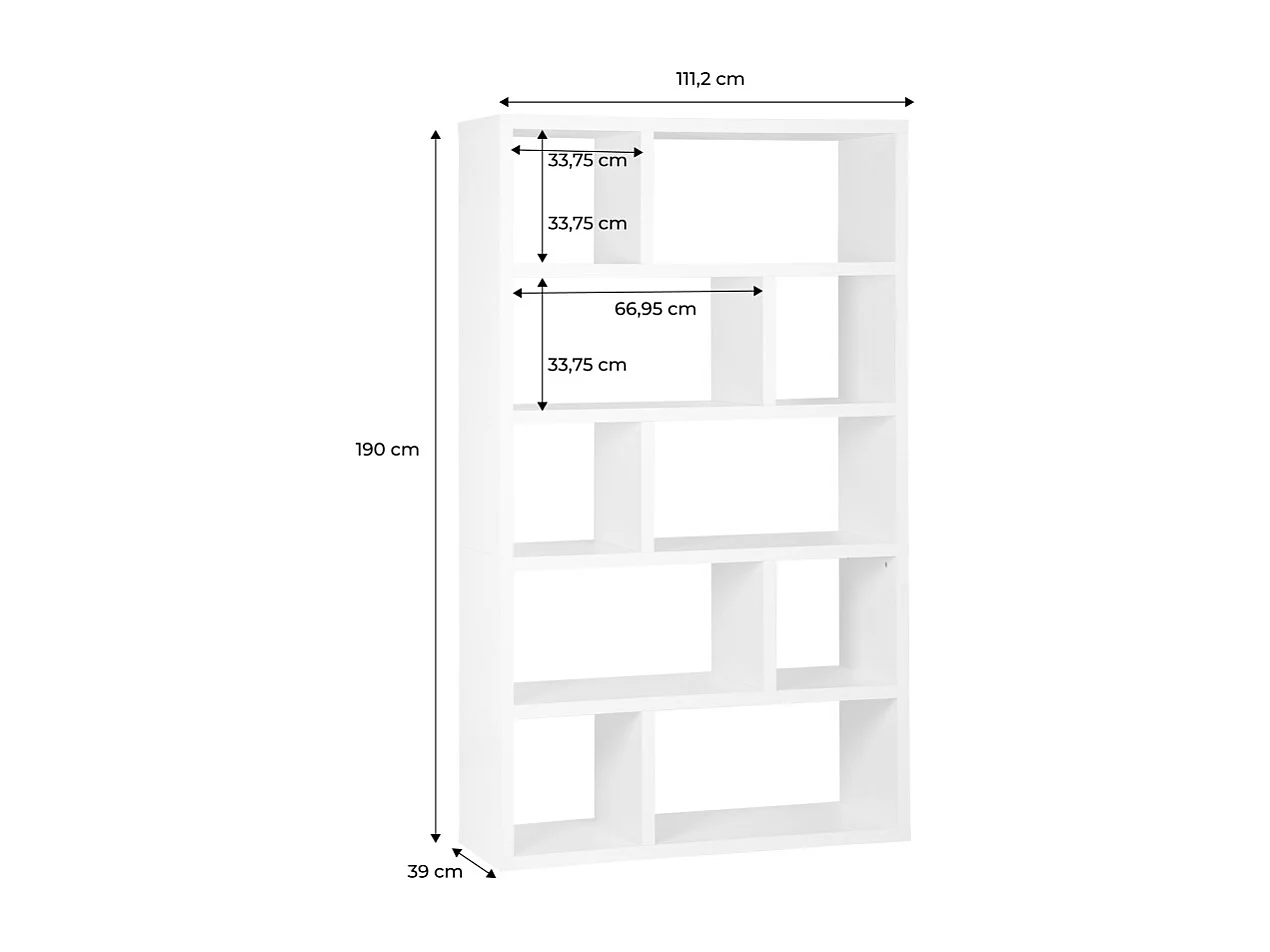 Libreria asimmetrica a 5 livelli con 10 scomparti, bianco