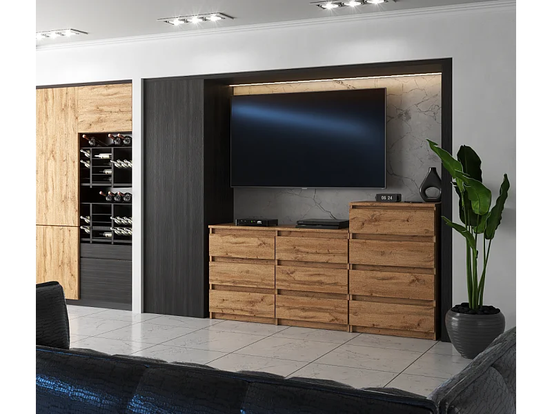 Grande commode avec  10 tiroirs Chêne Wotan 160 cm – meuble TV, buffet, armoire pour salon