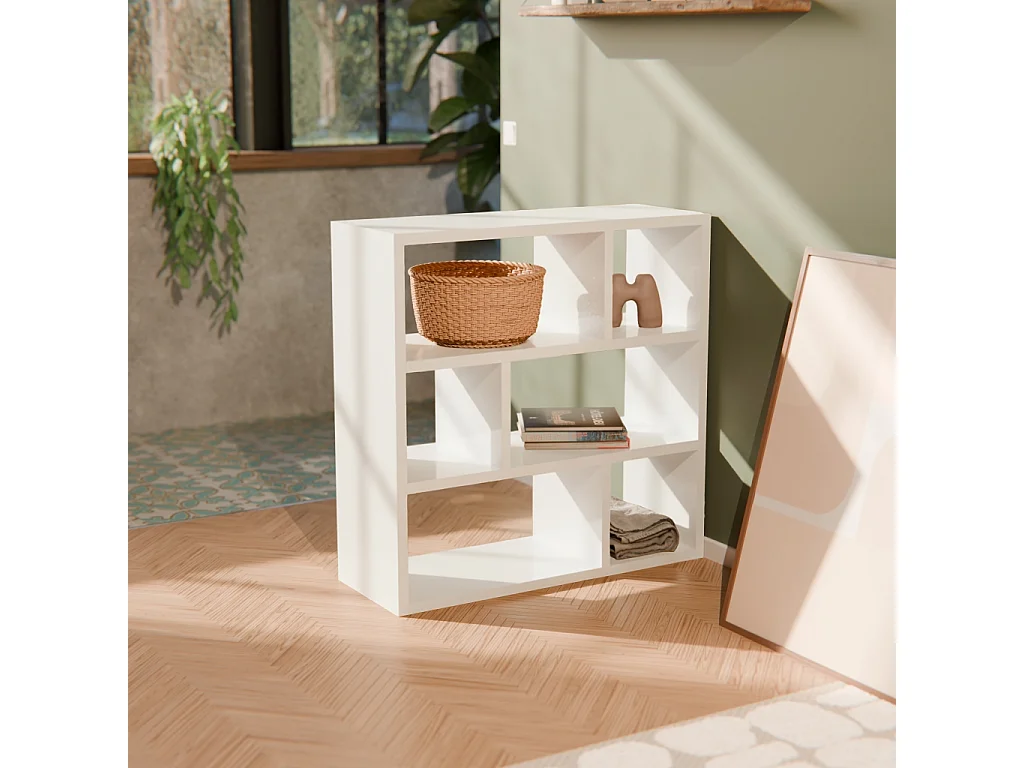 Estantería asimétrica de 3 niveles con 6 compartimentos blanco