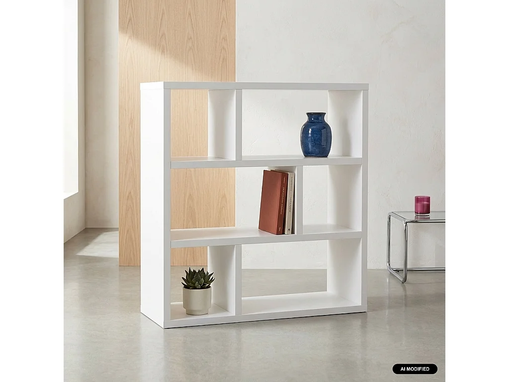 Estantería asimétrica, 3 niveles, 6 compartimentos, Blanco