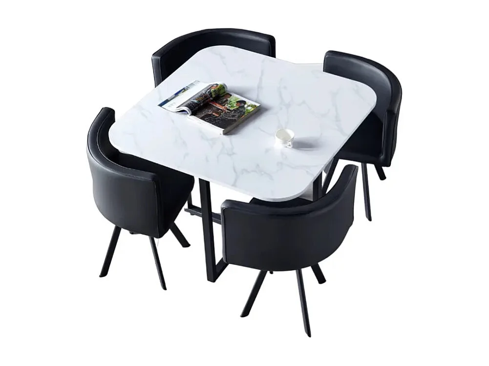 Ensemble Table et 4 chaises simili cuir noir VENDOME bois marbré blanc pieds métal