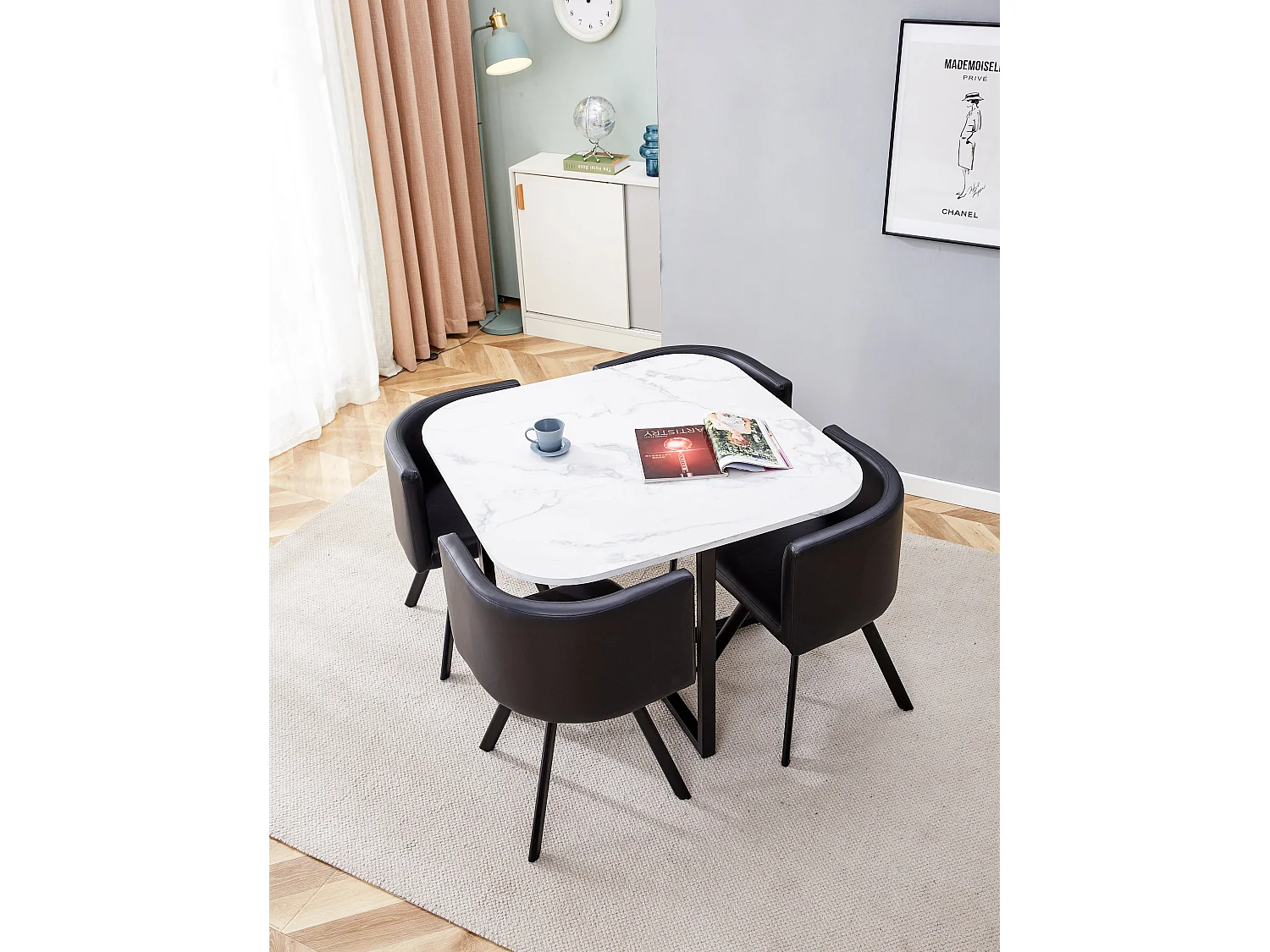 Ensemble Table et 4 chaises simili cuir noir VENDOME bois marbré blanc pieds métal