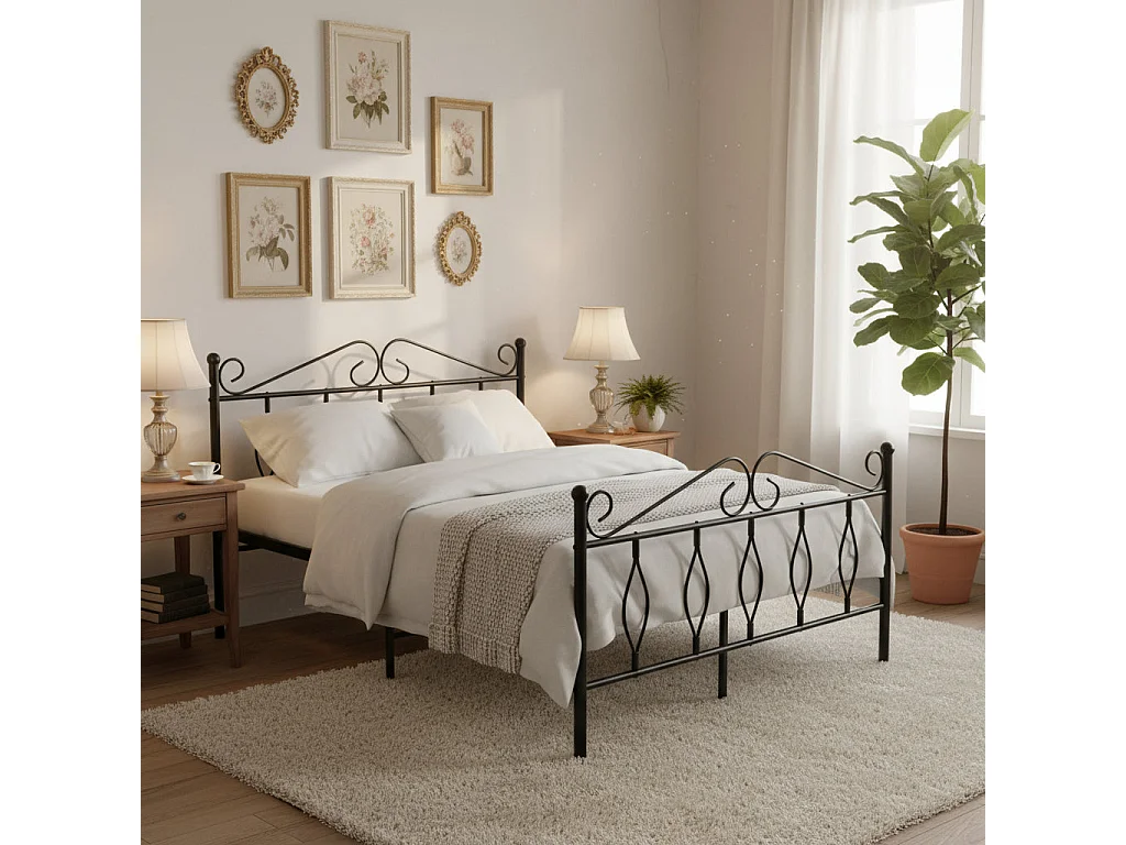 Lit 2 Places JULIE en Métal Noir – 140x190 cm avec Sommier Inclus