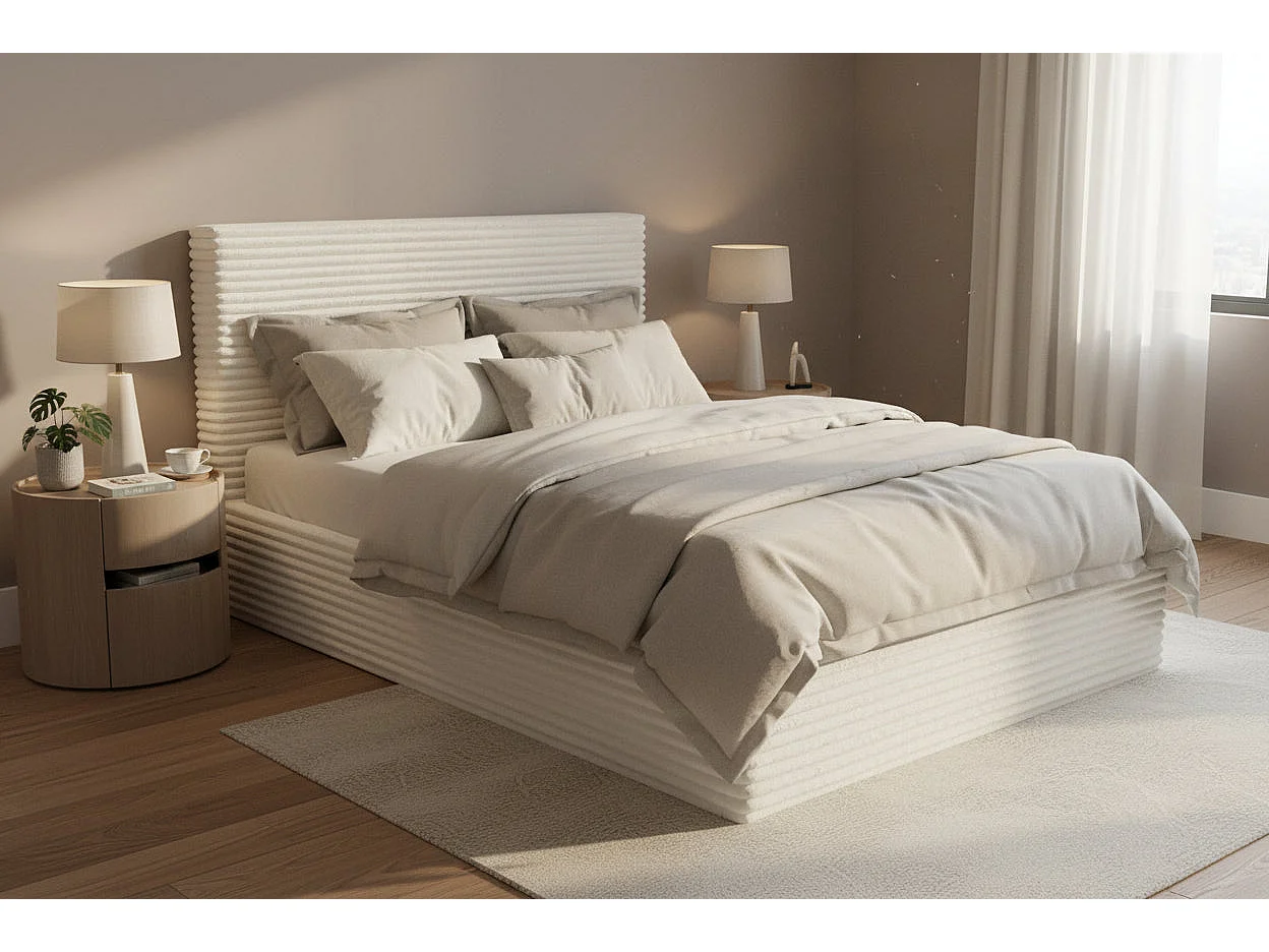 Lit Coffre MAIA 90x190cm Velours Côtelé Écru avec Sommier