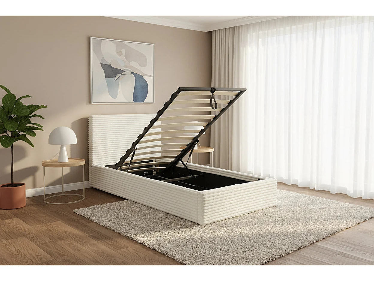 Lit Coffre MAIA 90x190cm Velours Côtelé Écru avec Sommier