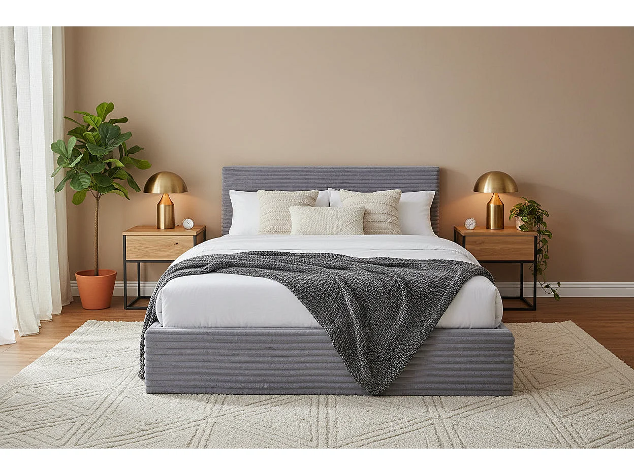 Lit Coffre MAIA 140x190cm Côtelé Gris avec Sommier