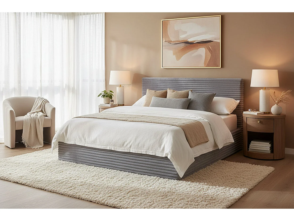 Lit Coffre MAIA 160x200cm Côtelé Gris avec Sommier