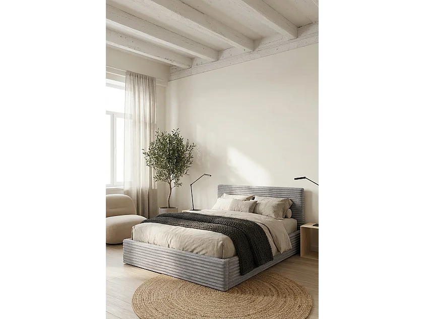 Lit coffre 160x200 cm côtelé gris sommier MAIA