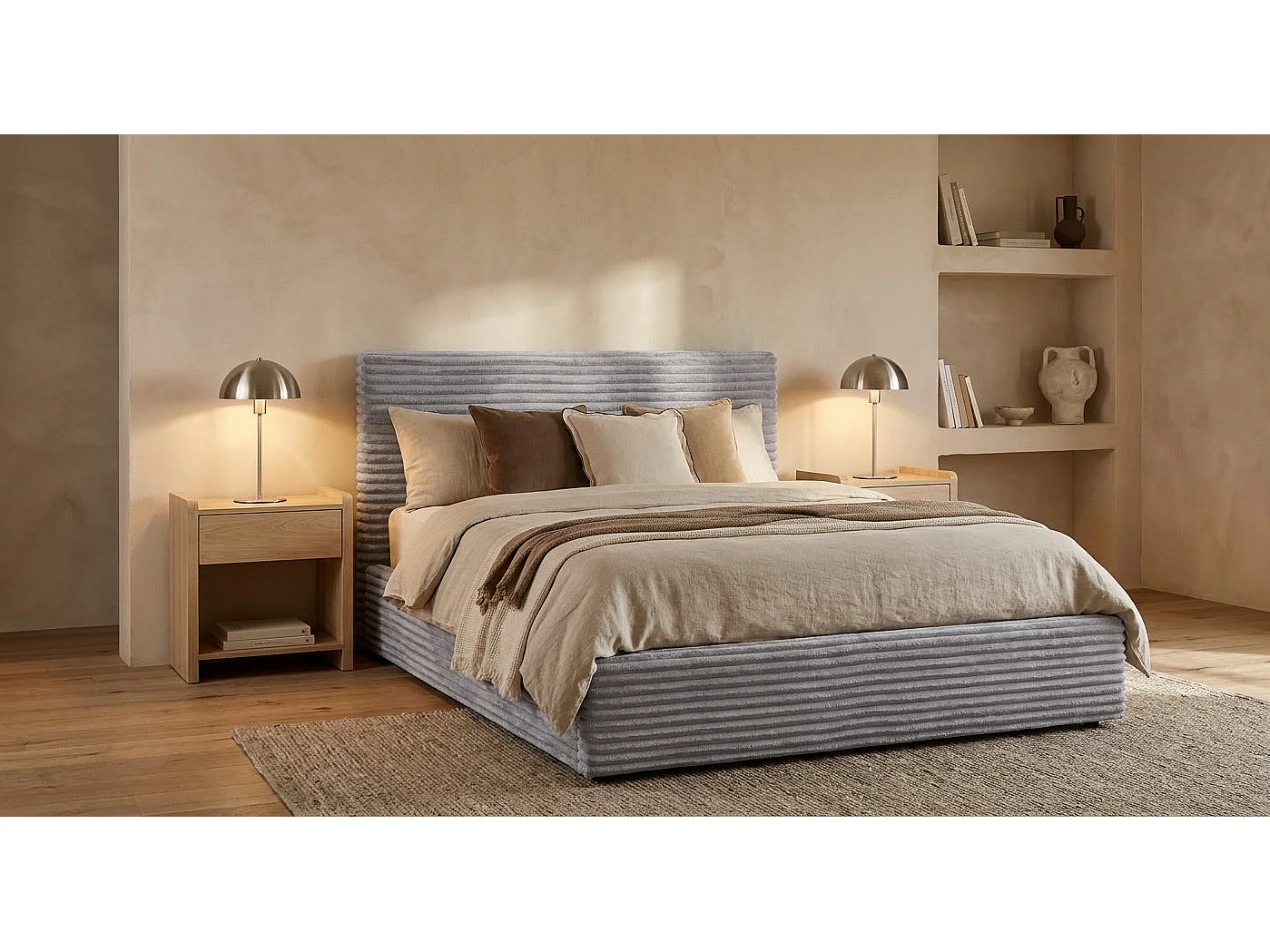 Lit coffre 160x200 cm côtelé gris sommier MAIA