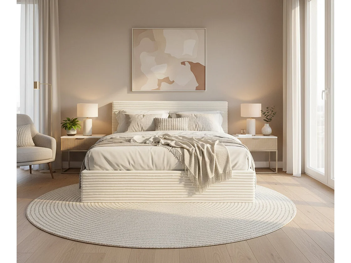 Lit Coffre 160x200cm Velours Côtelé Écru avec Sommier MAIA