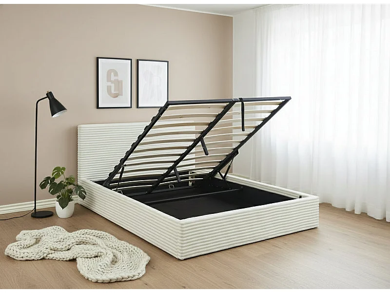 Lit Coffre MAIA  160x200cm Velours Côtelé Écru avec Sommier