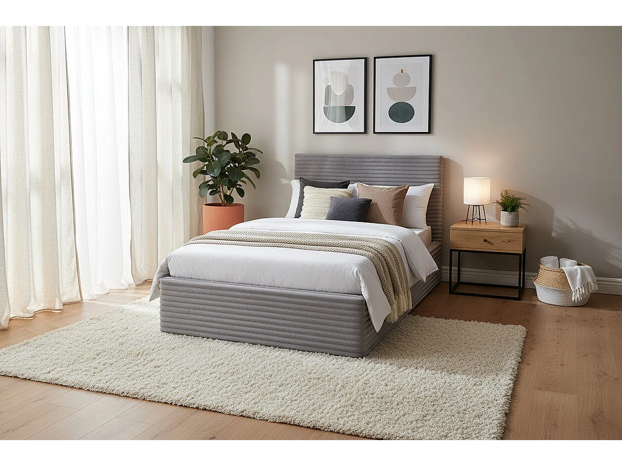 Lit Coffre MAIA 90x190cm Côtelé Gris avec Sommier