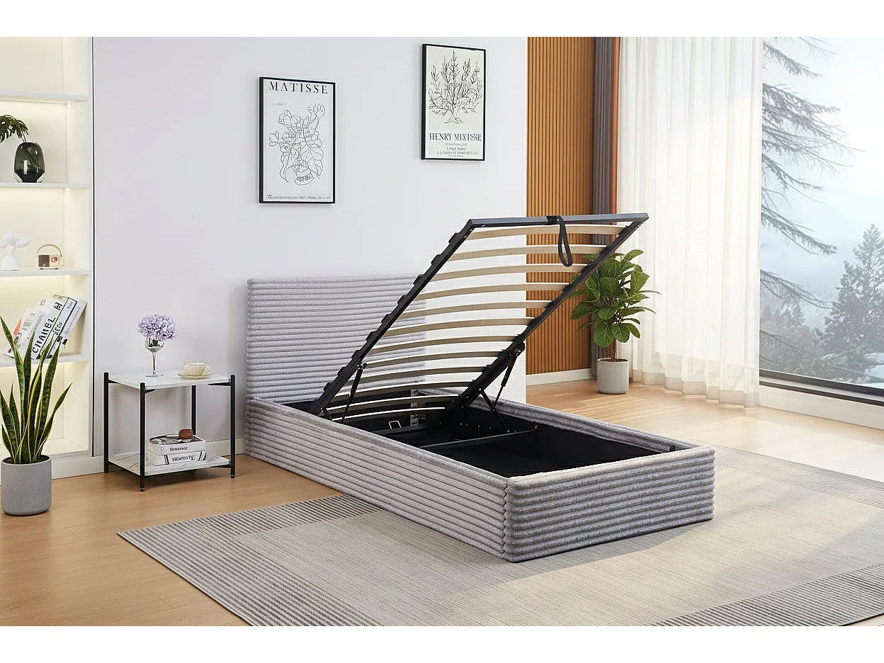 Lit coffre velours côtelé gris 90x190 cm sommier inclus MAIA