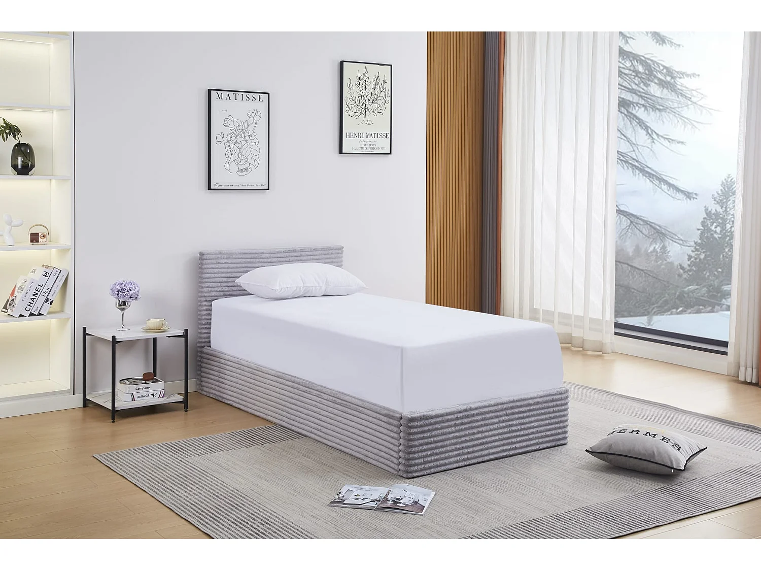 Lit coffre velours côtelé gris 90x190 cm sommier inclus MAIA