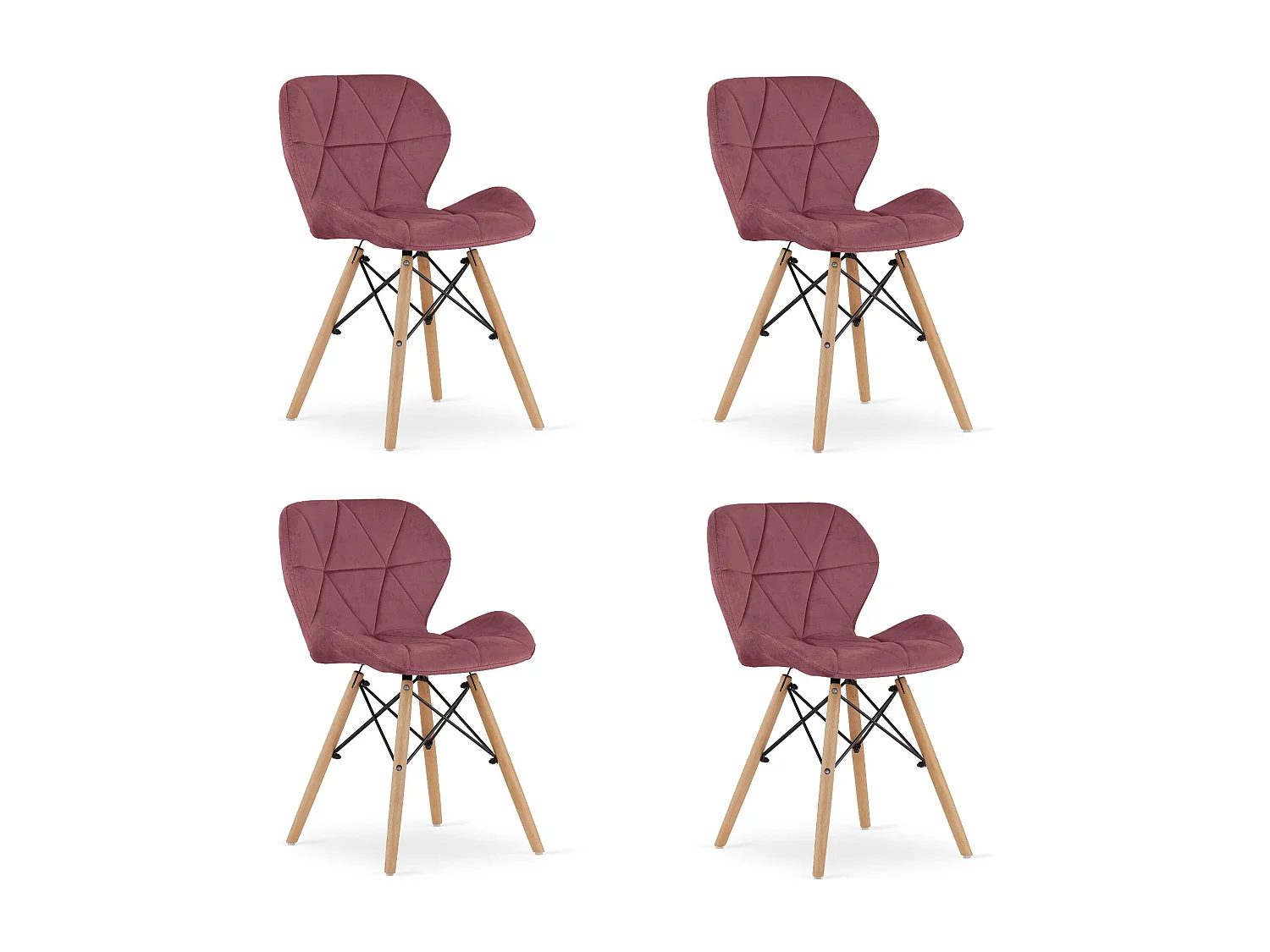 Ensemble de 4 chaises en velours Valora WAKO, design moderne, rose foncé