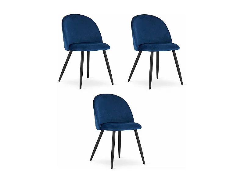Ensemble de 3 chaises Valora BELLO en velours bleu marine avec pieds noirs