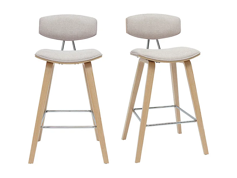 Tabourets de bar design en tissu effet velours texturé beige et bois clair H69 cm (lot de 2) VASCO