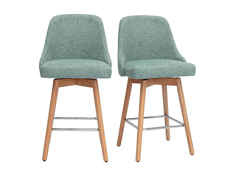 Skandinavische Barhocker 360° drehbar aus Samt-Effekt texturiertem grünem Celadon-Stoff und massivem Buchenholz H65 cm (2er-Set) HASTA