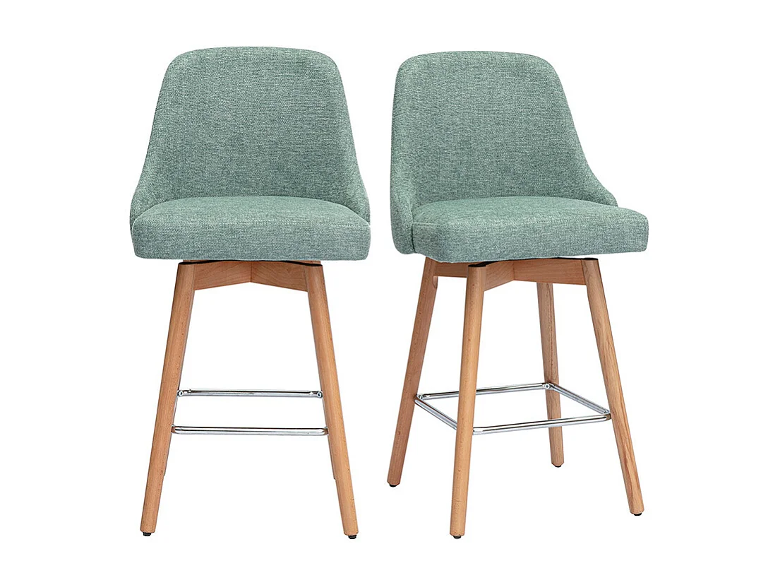Skandinavische Barhocker 360° drehbar aus Samt-Effekt texturiertem grünem Celadon-Stoff und massivem Buchenholz H65 cm (2er-Set) HASTA