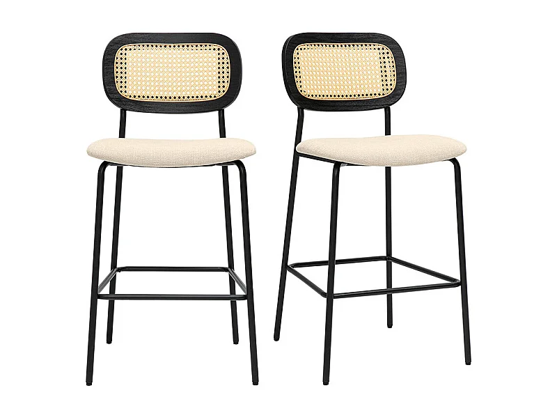 Designhocker aus Stoff in beige Samtoptik, schwarzem Metall und Rattan-Cannage (2er Set) MIRANDA