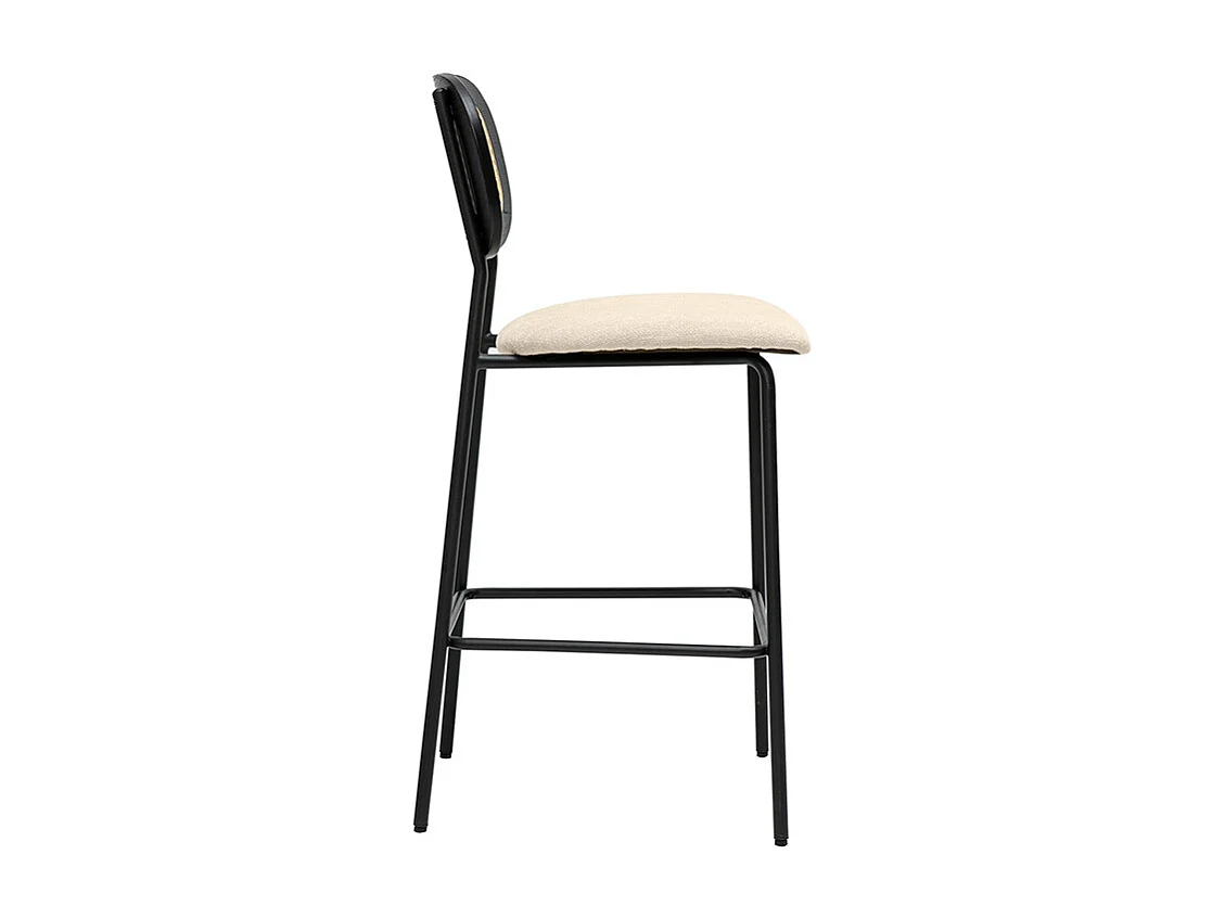 Taburetes de diseño en tela efecto terciopelo texturizado beige, metal negro y mimbre (juego de 2) MIRANDA