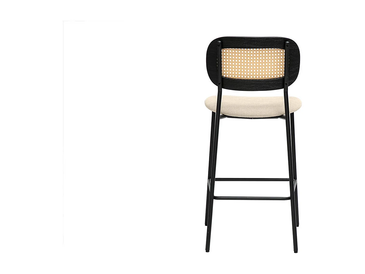 Taburetes de diseño en tela efecto terciopelo texturizado beige, metal negro y mimbre (juego de 2) MIRANDA