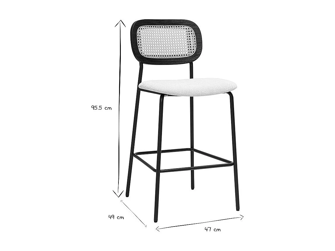 Taburetes de diseño en tela efecto terciopelo texturizado beige, metal negro y mimbre (juego de 2) MIRANDA