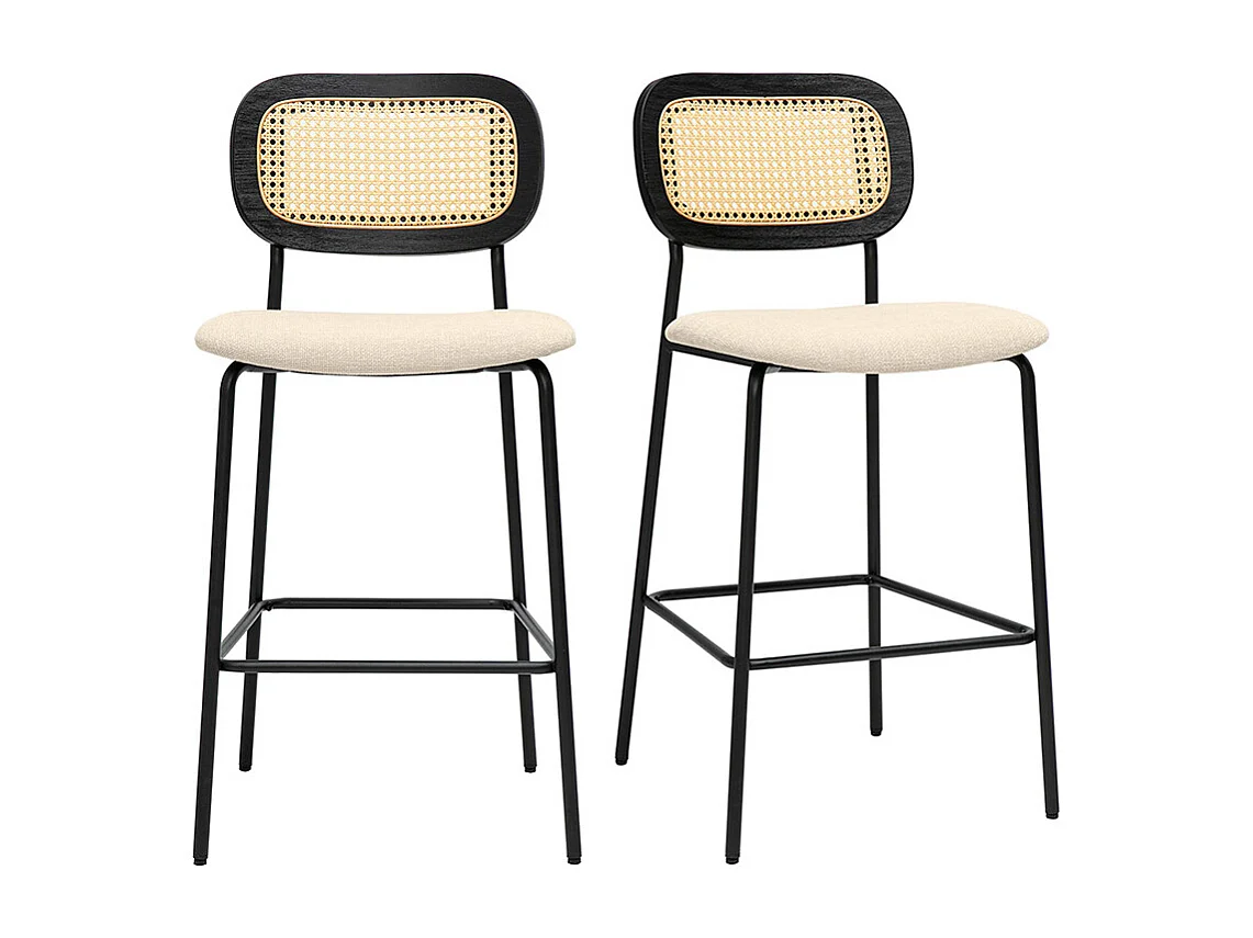 Designhocker aus Stoff in beige Samtoptik, schwarzem Metall und Rattan-Cannage (2er Set) MIRANDA