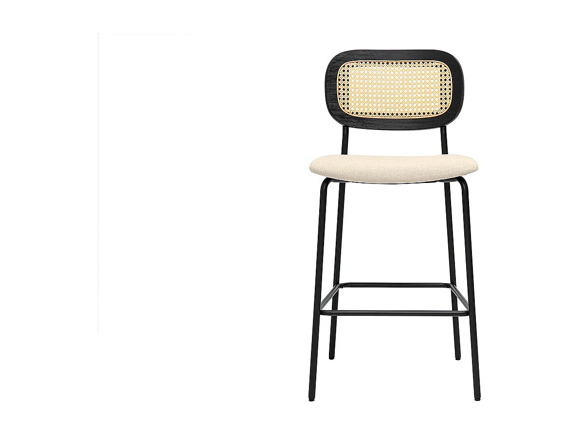 Designhocker aus Stoff in beige Samtoptik, schwarzem Metall und Rattan-Cannage (2er Set) MIRANDA