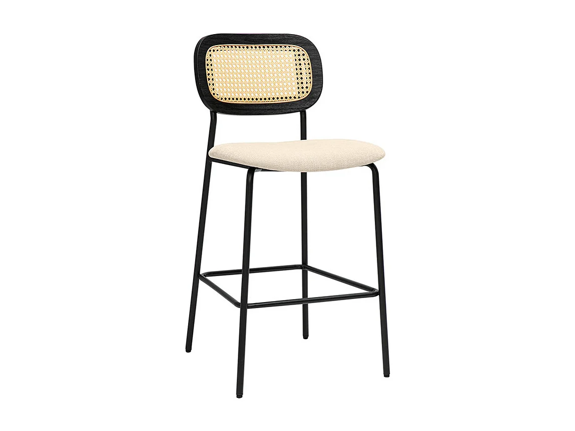 Designhocker aus Stoff in beige Samtoptik, schwarzem Metall und Rattan-Cannage (2er Set) MIRANDA