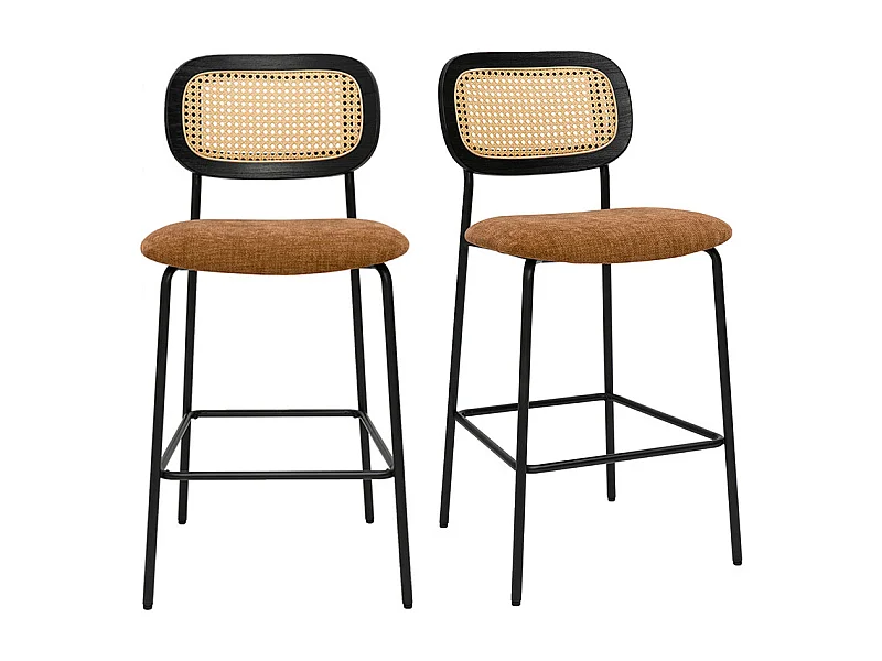 Designhocker aus Samtstoff in verbrannter Erde Effekt, schwarzem Metall und Rattan-Geflecht (Set aus 2) MIRANDA