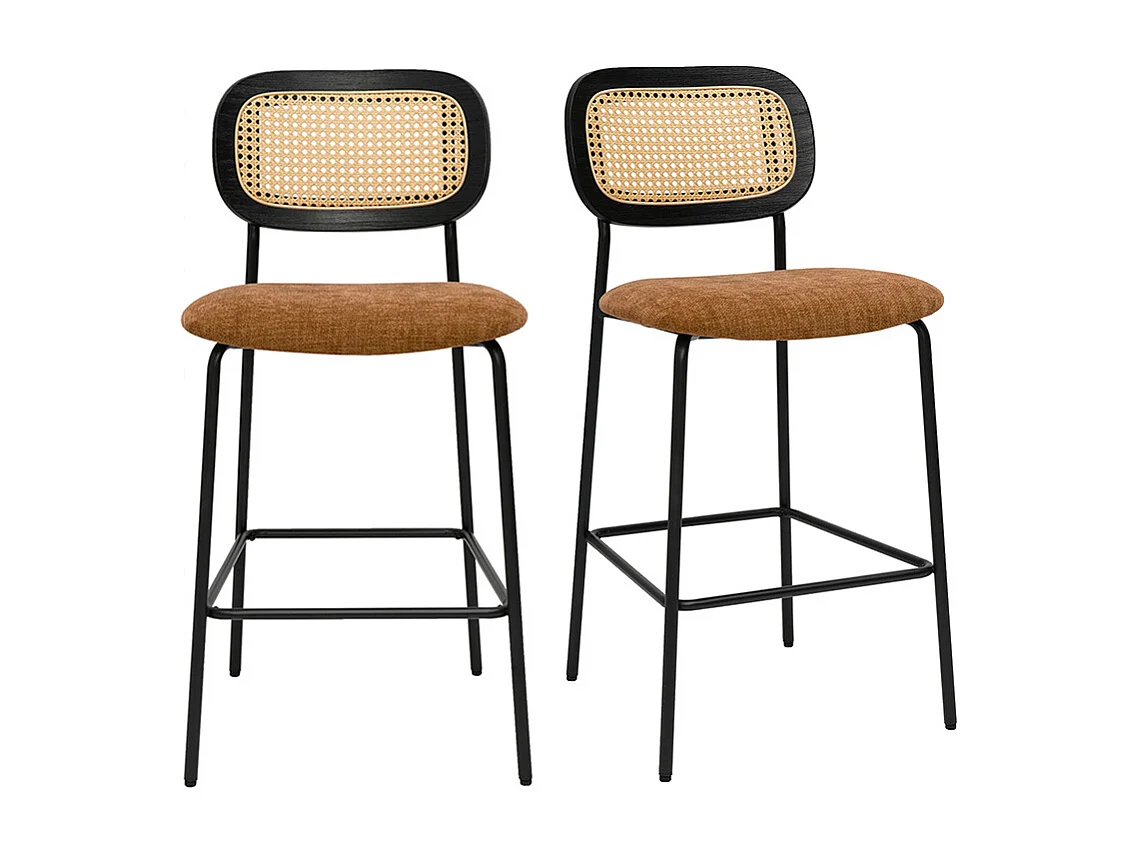 Designhocker aus Samtstoff in verbrannter Erde Effekt, schwarzem Metall und Rattan-Geflecht (Set aus 2) MIRANDA