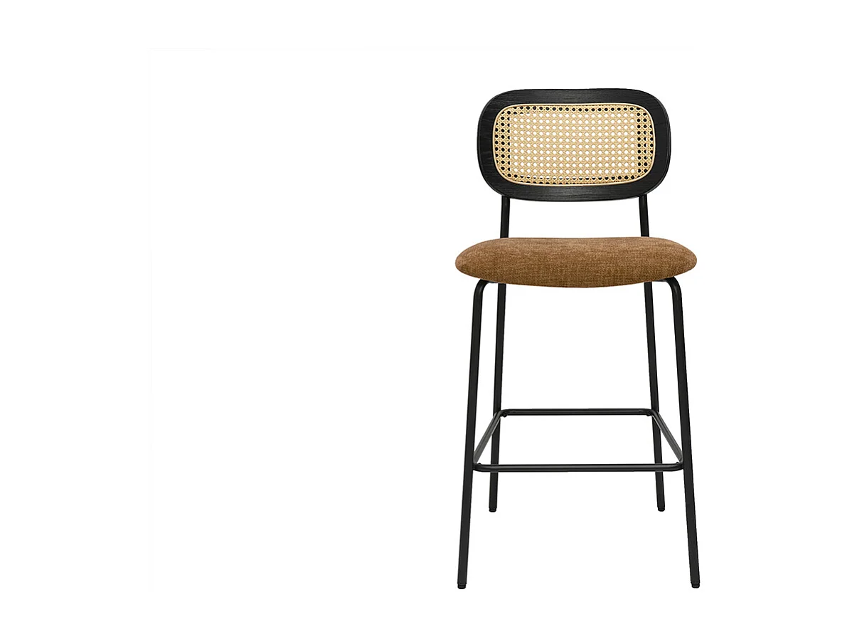 Designhocker aus Samtstoff in verbrannter Erde Effekt, schwarzem Metall und Rattan-Geflecht (Set aus 2) MIRANDA