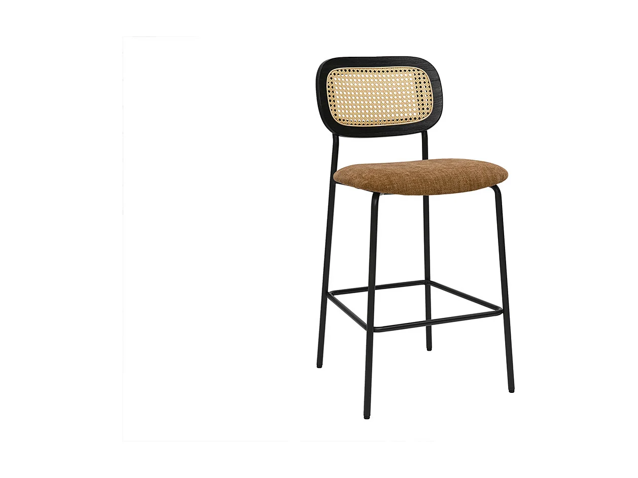 Designhocker aus Samtstoff in verbrannter Erde Effekt, schwarzem Metall und Rattan-Geflecht (Set aus 2) MIRANDA