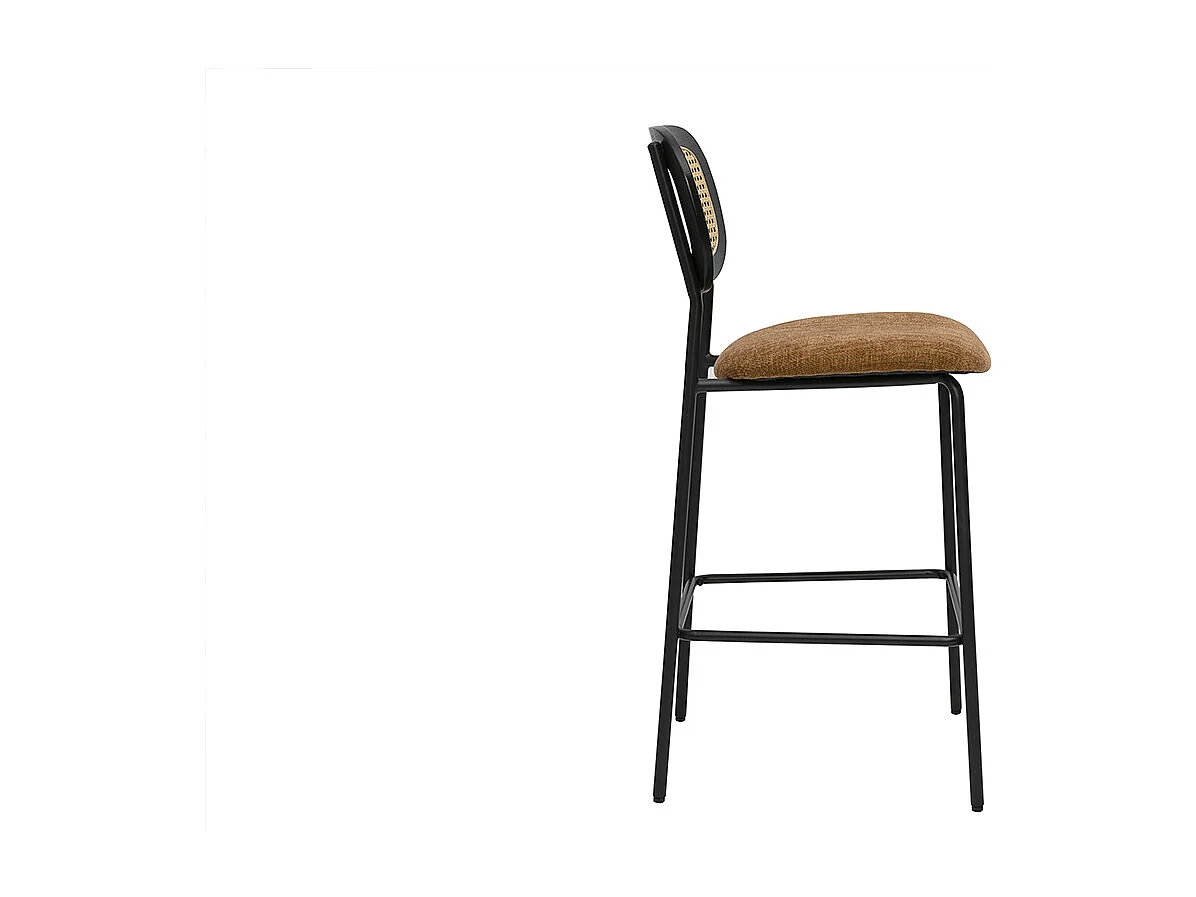 Designhocker aus Samtstoff in verbrannter Erde Effekt, schwarzem Metall und Rattan-Geflecht (Set aus 2) MIRANDA