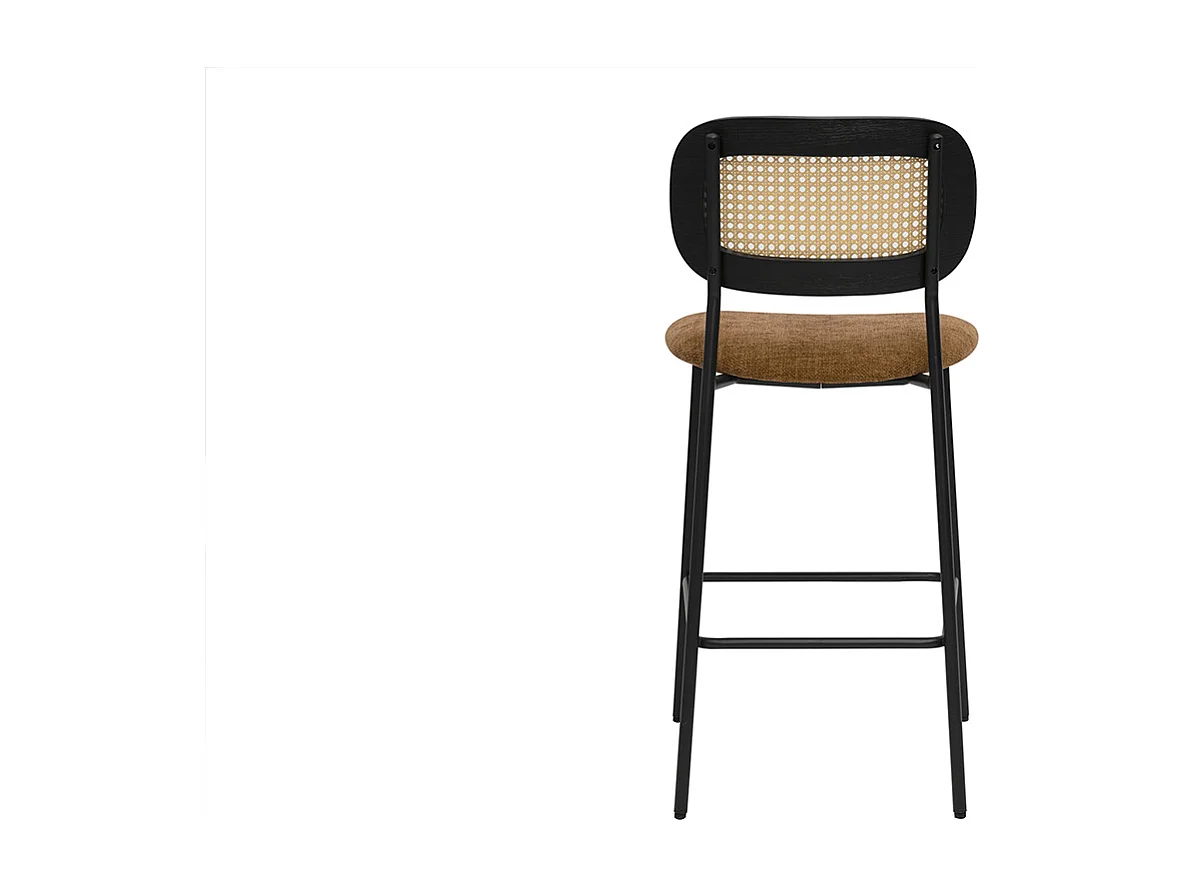 Designhocker aus Samtstoff in verbrannter Erde Effekt, schwarzem Metall und Rattan-Geflecht (Set aus 2) MIRANDA