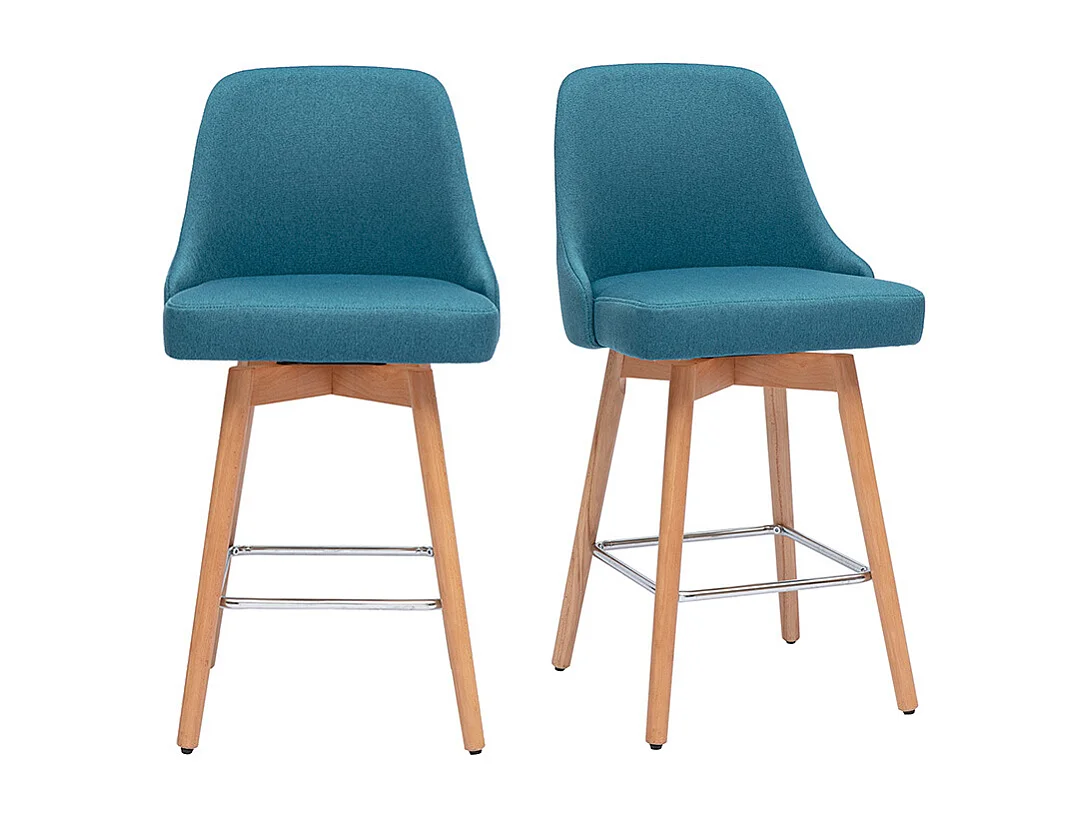 Taburetes de bar escandinavos giratorios 360° en tela azul pato y madera de haya maciza H65 cm (juego de 2) HASTA