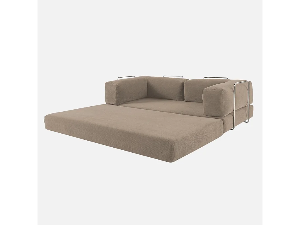 Canapé vintage convertible 3 places en velours côtelé taupe et armatures chromées L 200 x P 100 x H 72cm - Seventies