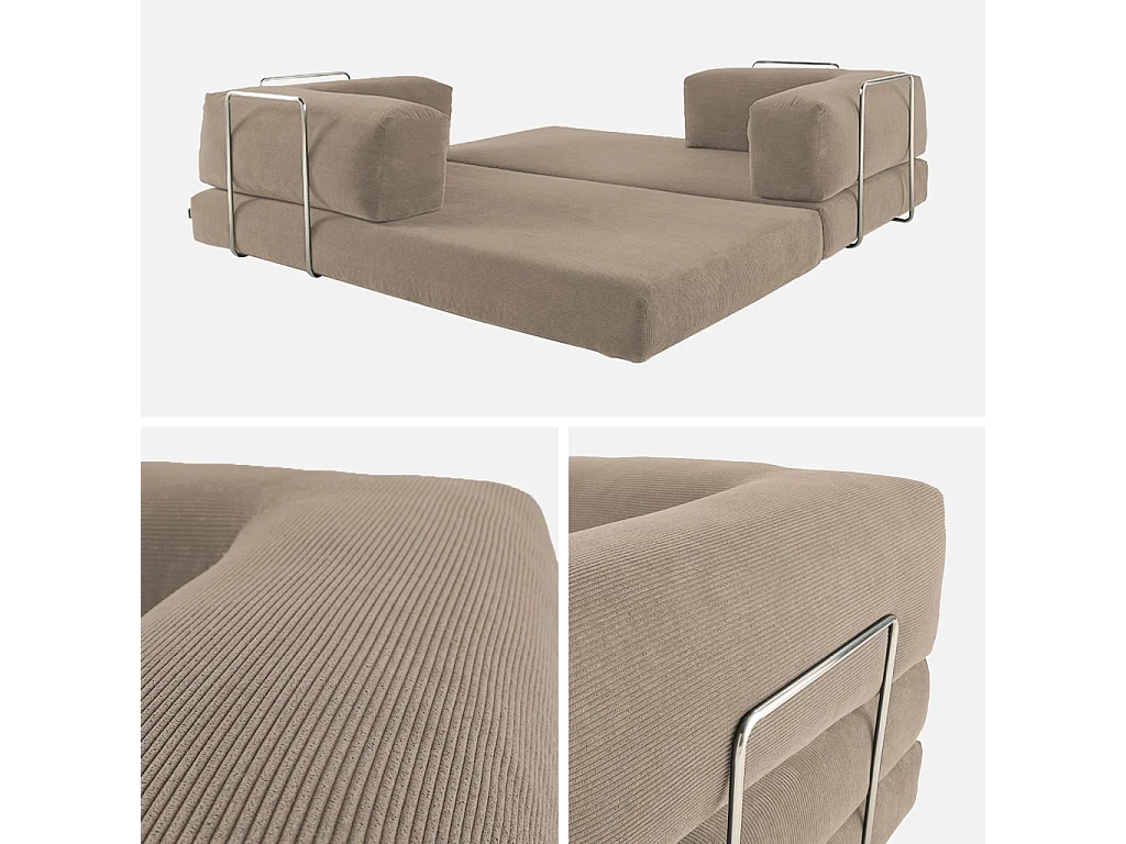 Canapé vintage convertible 3 places en velours côtelé taupe et armatures chromées L 200 x P 100 x H 72cm - Seventies