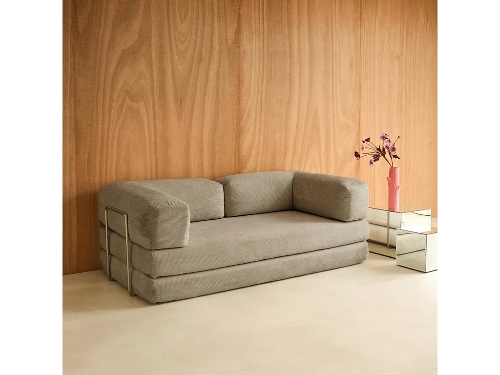 Divano letto futon in velluto a coste e struttura cromata, 3 posti,