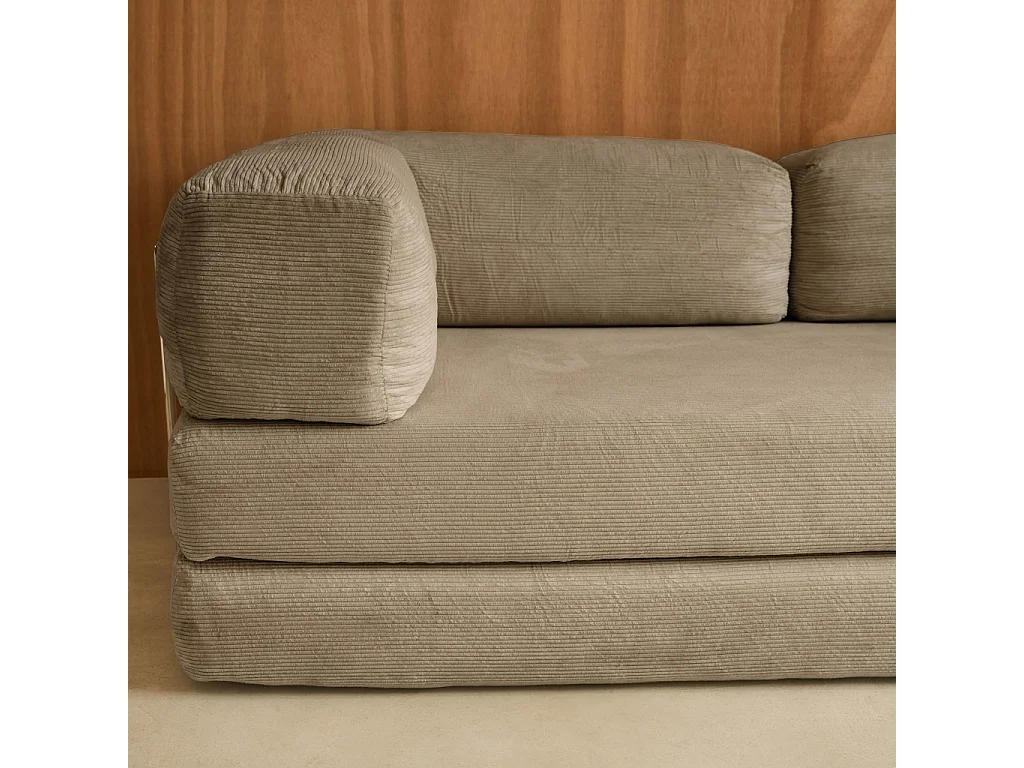Divano letto futon in velluto a coste e struttura cromata, 3 posti,